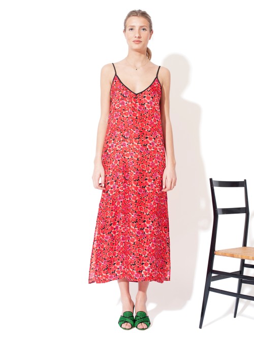 RED FLORAL SLITTED LONG DRESS